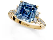Paired Accent Engagement Ring Setting for Fancy Blue Asscher Cut Center with Pave Band and Prong Head in Yellow Gold