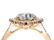 Sunburst Halo Engagement Ring Setting for Round Cut Center with Pave Band and Prong Head in Rose Gold