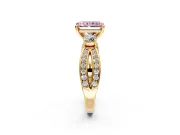3 Stone Engagement Ring Setting for Fancy Pink Radiant Cut Center with Pave Twist Band and Prong Head in Yellow Gold