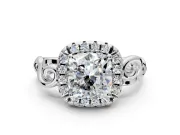 Halo Engagement Ring Setting for Cushion Cut Center with Open Scroll Shoulders and Prong Head in White Gold
