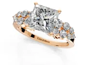 Cluster Engagement Ring Setting for Princess Cut Center with 2-Row Shoulder Clusters and Prong Head in Rose Gold