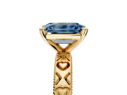 Solitaire Engagement Ring Setting for Fancy Blue Emerald Cut Center with XO Engraved Band and Prong Head in Yellow Gold
