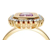 Halo Engagement Ring Setting for Fancy Pink Emerald Cut Center with Milgrain Bezel Rim, Plain Band and Prong Head in Yellow Gold