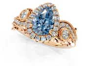 Milgrain Halo Engagement Ring Setting for Fancy Blue Pear-Shaped Center with Shoulder Bezels and Prong Head in Rose Gold