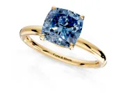Low-Set Solitaire Engagement Ring Setting for Fancy Blue Cushion Cut Center with Thin Plain Band and Prong Head in Yellow Gold