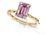 Solitaire Engagement Ring Setting for Fancy Pink Emerald Cut Center with Bamboo Band and Prong Head in Yellow Gold