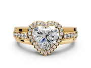 Halo Engagement Ring Setting for Heart-Shaped Center with Wide Band, Inlaid Accent Row and Prong Head in Yellow Gold