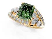 Halo Engagement Ring Setting for Fancy Green Radiant Cut Center with Marquise and Pave Bypass Band and Prong Head in Yellow Gold