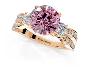 3 Stone Engagement Ring Setting for Fancy Pink Round Cut Center with Pave Twist Band and Prong Head in Rose Gold