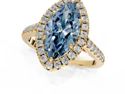 Halo Engagement Ring Setting for Fancy Blue Marquise Center with Raised Halo, Pave Band and Prong Head in Yellow Gold