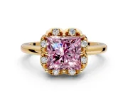 Floral Frame Engagement Ring Setting for Fancy Pink Princess Cut Center with Accent Clusters and Prong Head in Yellow Gold