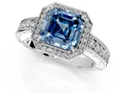 Milgrain Halo Engagement Ring Setting for Fancy Blue Asscher Cut Center with Pave Band and Prong Head in Platinum