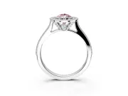 Halo Engagement Ring Setting for Fancy Pink Pear-Shaped Center with Milgrain Pave Band and Bezel Head in White Gold