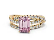 Solitaire Engagement Ring Setting for Fancy Pink Emerald Cut Center with Woven 3-Strand Pave Band and Prong Head in Yellow Gold