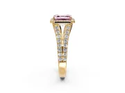 Halo Engagement Ring Setting for Fancy Pink Asscher Cut Center with Narrow Pave Split Shank and Prong Head in Yellow Gold