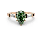 3 Stone Engagement Ring Setting for Fancy Green Pear-Shaped Center with Channel Baguette Accents and Prong Head in Rose Gold
