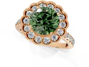 Milgrain Floral Halo Engagement Ring Setting for Fancy Green Round Cut Center with Pave Band and Prong Head in Rose Gold