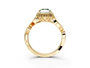 Halo Engagement Ring Setting for Fancy Green Radiant Cut Center with Leaf Motif Split Shank and Prong Head in Yellow Gold
