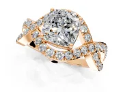 Halo Engagement Ring Setting for Cushion Cut Center with Pave Infinity Twist Band and Prong Head in Rose Gold
