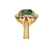 Starburst Halo Engagement Ring Setting for Fancy Green Cushion Cut Center with Thin Round-Wire Band and Prong Head in Yellow Gold