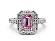 Halo Engagement Ring Setting for Fancy Pink Emerald Cut Center with Milgrain Halo, Pave Band and Prong Head in White Gold