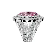 Double Halo Engagement Ring Setting for Fancy Pink Oval Center with Narrow Pave Split Shank and Prong Head in Platinum