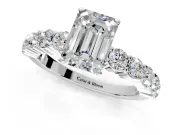 Shared-Prong Engagement Ring Setting for Emerald Cut Center with Graduated Accents and Prong Head in Platinum
