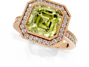 Halo Engagement Ring Setting for Fancy Yellow Asscher Cut Center with Milgrain Halo, Pave Band and Prong Head in Rose Gold