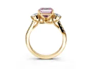 3 Stone Engagement Ring Setting for Fancy Pink Asscher Cut Center with Crossover Basket, Pave Band and Prong Head in Yellow Gold