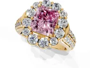 Large Accent Halo Engagement Ring Setting for Fancy Pink Radiant Cut Center with Pave Split Shank and Prong Head in Yellow Gold