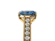 Solitaire Engagement Ring Setting for Fancy Blue Emerald Cut Center with Engraved Pave Band and Prong Head in Yellow Gold