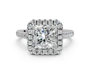 Halo Engagement Ring Setting for Princess Cut Center with Raised Halo, Pave Band and Prong Head in White Gold