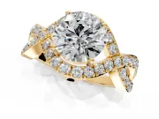 Halo Engagement Ring Setting for Round Cut Center with Pave Infinity Twist Band and Prong Head in Yellow Gold