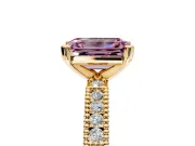Solitaire Engagement Ring Setting for Fancy Pink Emerald Cut Center with Milgrain-Edged Pave Band and Prong Head in Yellow Gold