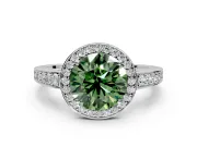 Bezel-Framed Halo Engagement Ring Setting for Fancy Green Round Cut Center with Pave Band and Prong Head in Platinum