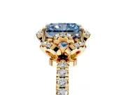 Halo Engagement Ring Setting for Fancy Blue Radiant Cut Center with Openwork Halo, Pave Band and Prong Head in Yellow Gold