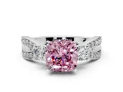 3 Stone Engagement Ring Setting for Fancy Pink Cushion Cut Center with Pave Twist Band and Prong Head in Sterling Silver