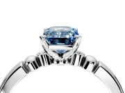 Solitaire Engagement Ring Setting for Fancy Blue Emerald Cut Center with Beaded Shoulders and Prong Head in White Gold