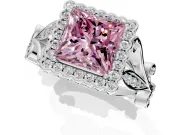 Halo Engagement Ring Setting for Fancy Pink Princess Cut Center with Leaf Motif Split Shank and Prong Head in Platinum