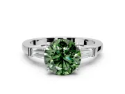 3 Stone Engagement Ring Setting for Fancy Green Round Cut Center with Channel Baguette Accents and Prong Head in Sterling Silver