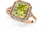 Halo Engagement Ring Setting for Fancy Yellow Radiant Cut Center with Milgrain Rim, Pave Band and Prong Head in Rose Gold