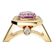 Halo Engagement Ring Setting for Fancy Pink Radiant Cut Center with Outer Bezel Rim, Pave Band and Prong Head in Yellow Gold