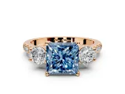 3 Stone Engagement Ring Setting for Fancy Blue Princess Cut Center with Crossover Basket, Pave Band and Prong Head in Rose Gold