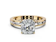 Solitaire Engagement Ring Setting for Cushion Cut Center with Channel Baguette Band and Prong Head in Yellow Gold