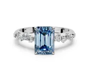 Cluster Engagement Ring Setting for Fancy Blue Emerald Cut Center with Round Cut Accent Band and Prong Head in Sterling Silver