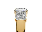 3 Stone Engagement Ring Setting for Princess Cut Center with Raised Basket Heads and Prong Head in Yellow Gold