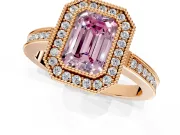 Halo Engagement Ring Setting for Fancy Pink Emerald Cut Center with Milgrain Halo, Pave Band and Prong Head in Rose Gold