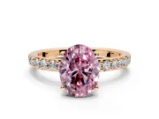 Solitaire Engagement Ring Setting for Fancy Pink Oval Center with Round Cut Pave Band and Prong Head in Rose Gold