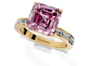 Solitaire Engagement Ring Setting for Fancy Pink Asscher Cut Center with Channel Baguette Band and Prong Head in Yellow Gold