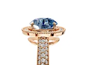 Milgrain Halo Engagement Ring Setting for Fancy Blue Round Cut Center with Three-Sided Pave Band and Prong Head in Rose Gold